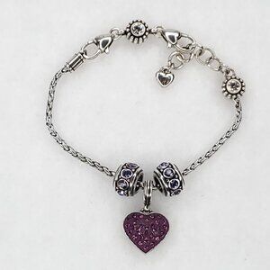Brighton Charm Bracelet Hearts Rhinestone Pink Purple Silver Tone European 7"